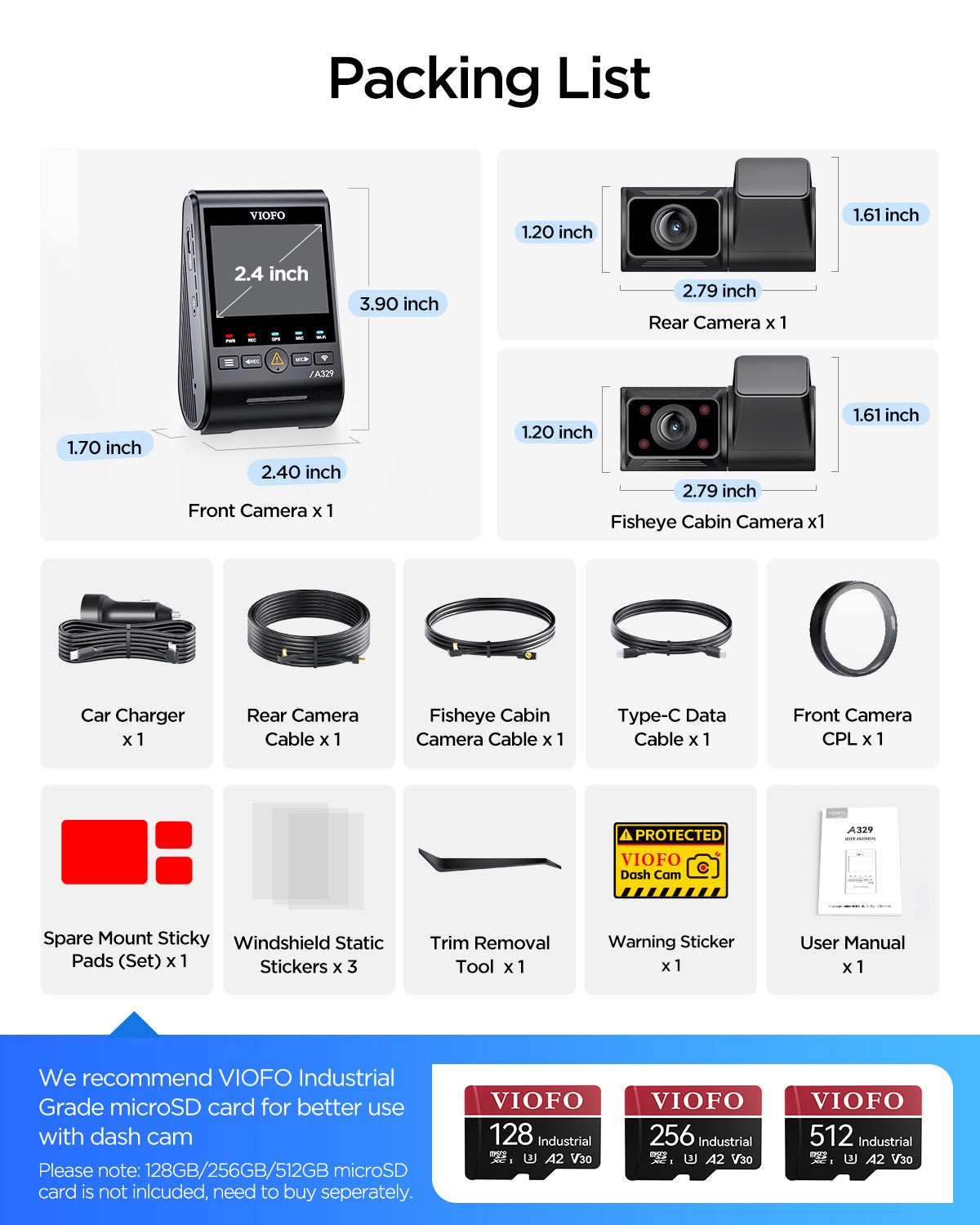 VIOFO A329S 3-channel package contents